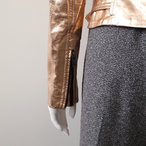 ZARA PIG LEATHER BIKER JACKET COAT XS 34 USA2 UK6 ROSE GOLD METALLIC ZIP BELTED - Picture 7 of 18