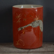 5.1" Collect China Porcelain Hand Painting Red Crowned Crane Circular Brush Pot