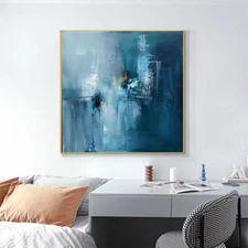 Hand Painted Oil Paintings Abstract On Canvas  Wall Art Room Blue 24in