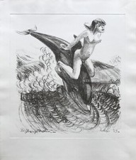 Karl Adser 1912-1995 Lithographie Weiblicher Akt auf Delphin Brandung Meer 1983