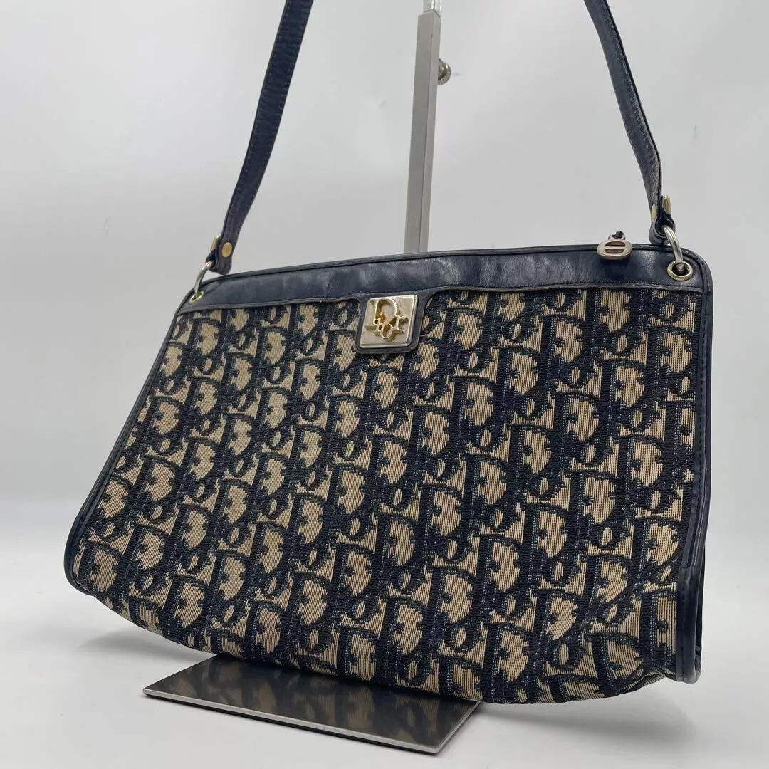 Sac à main bandoulière vintage Christian Dior trotteur toile cuir bleu marine D760
