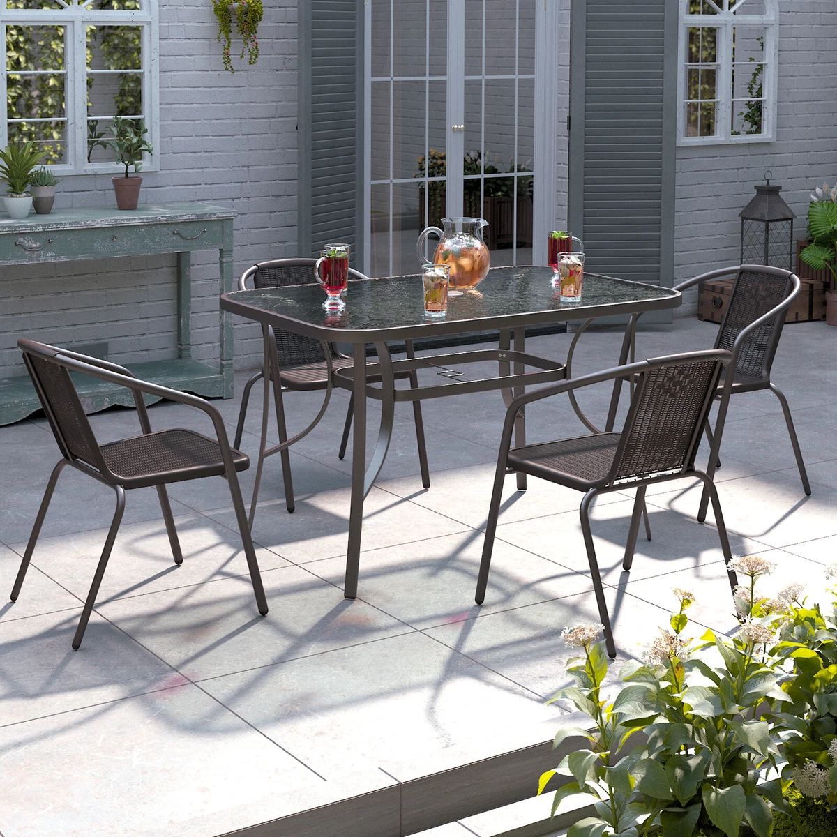 Patio Glass Top Table Chairs Set Bistro Garden Cafe Dining Table w Parasol Hole