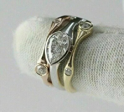 2Ct Pear Cut Lab Created Diamond Three Tone Bezel Wedding Ring For Women's