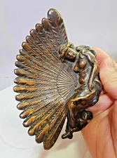 Bronze/Brass Lady Peacock Feather Victorian Art Nouvea Ashtray/Trinket Soap dish