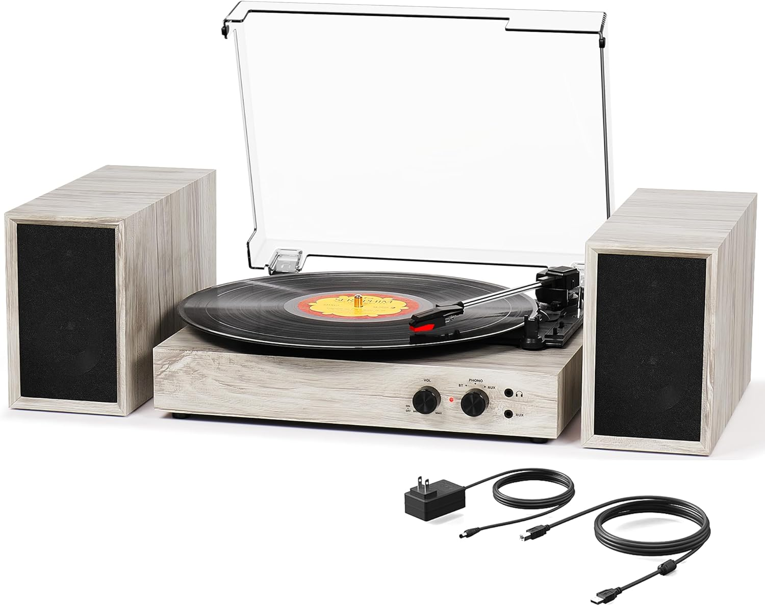 Vintage 3-Speed Vinyl Record Player with USB Recording & External Speakers  -image