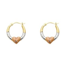 14K Tri Color Gold DC Shape Hoop Earrings with Heart - Womens  Girls