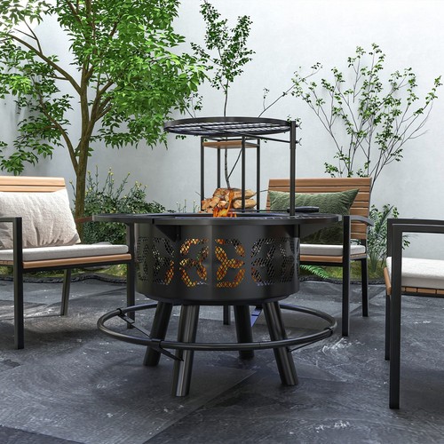 Outdoor Wood Burning Fire Pit Barbecue BBQ Grill with Poker Backyard