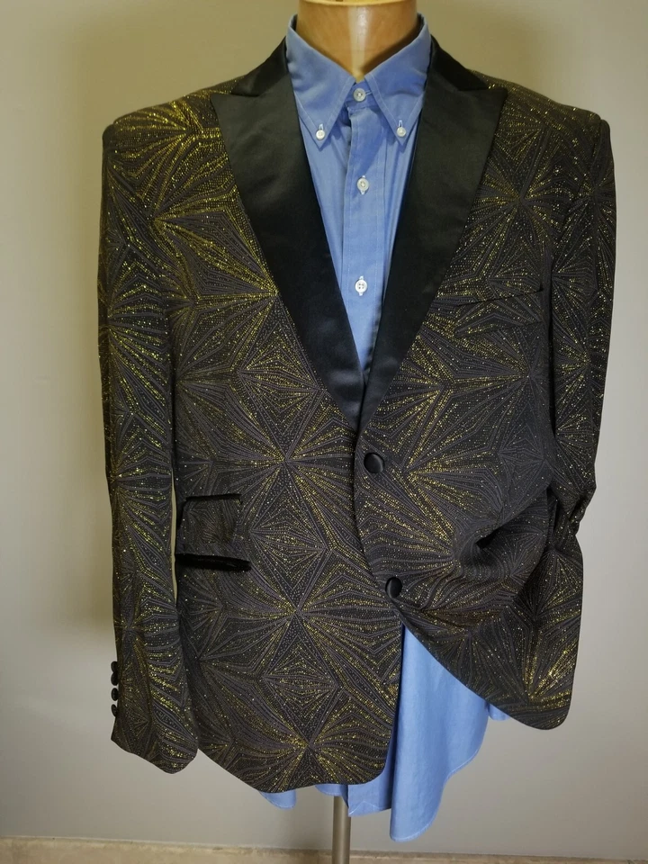 Blazer Chaqueta Abrigo Dorado/Negro Geométrico Satén Fiesta Noche Brillante Cena XL 44R Foto 2 de 4