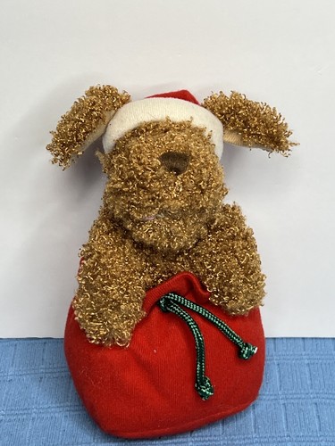 Hallmark Puppy Dog Plush Stuffed Animal Santa Hat in Bag Sack Christmas Decor  - Picture 1 of 5