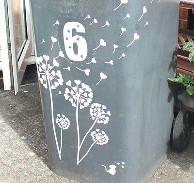Wheelie Dustbin Vinyl Sticker Dandelions & House Numbers Wall Art Decal