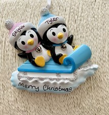 Personalised Penguins Sledge Christmas Tree Decoration Twins Siblings Blue Pink