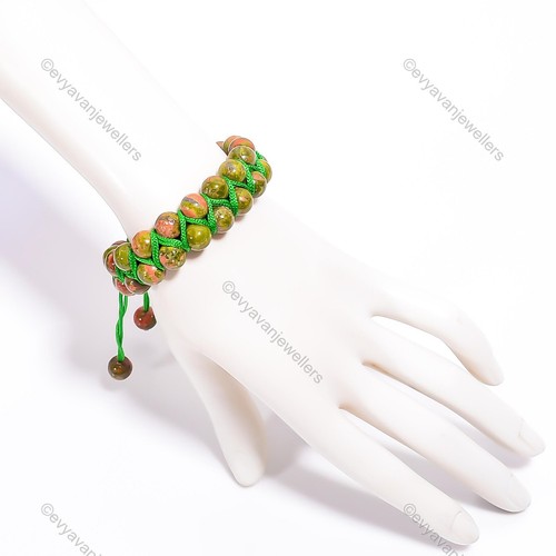 Gift For Women Beaded Adjustable Bracelet 925 Silver Unakite Jasper Gemstone - Picture 2 of 6
