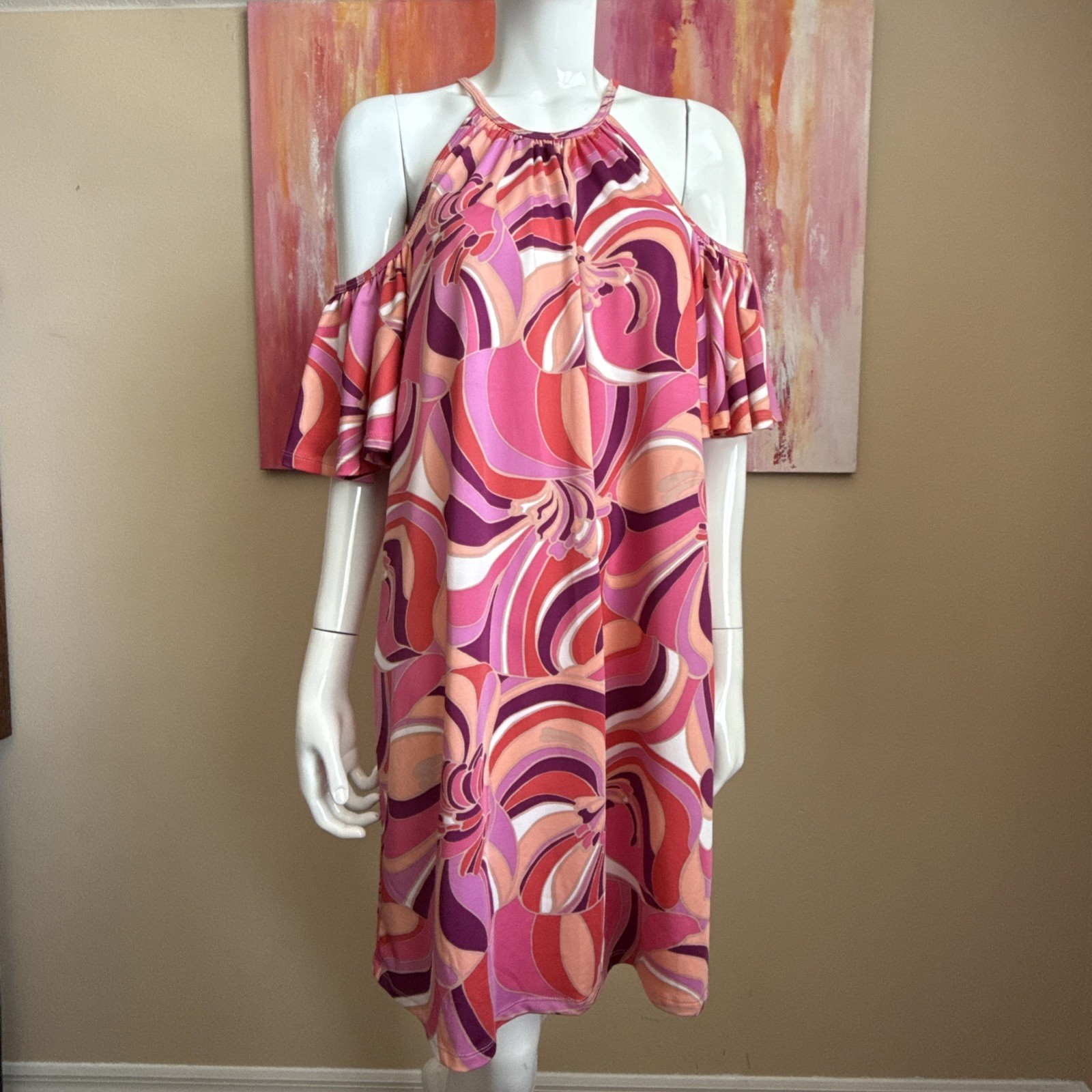 Trina Turk Women's Pink Floral Dress Cold Shoulder Knee Length Dahlia Sz LRG