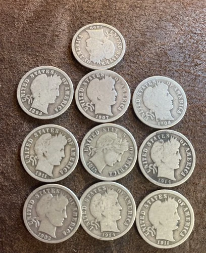 TEN-10 BARBER DIMES-1911-1914d-1912-1914d-1907-1892-1911-1914-1898-1902-1909 SIL