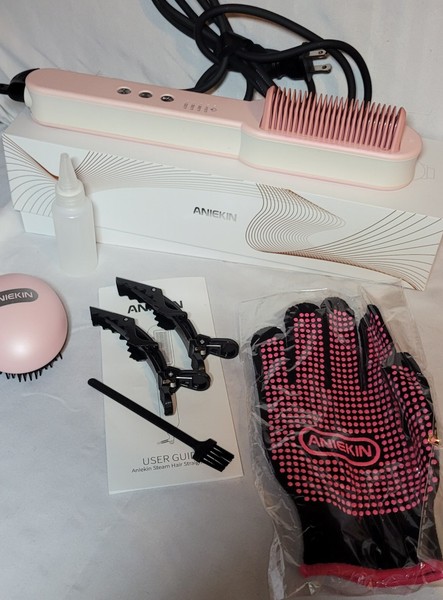 Cepillo alisador de pelo a vapor Aniekin con accesorios profesional 4 temperaturas rosa
