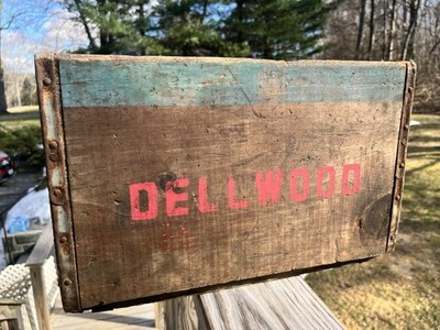 Vintage 1970 s Dellwood Milk Box Wooden Crate Steel Strapping Great Patina Wood
