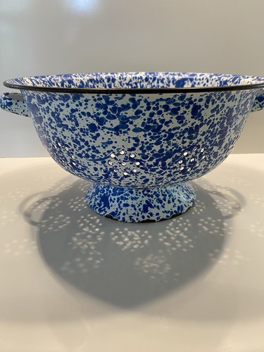 Colador colador colador esmaltado de granito vintage remolino salpicaduras azul y blanco