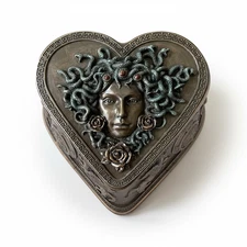 Medusa Heart Shaped Bronze Trinket Box - Greek Mythology Jewelry Holder
