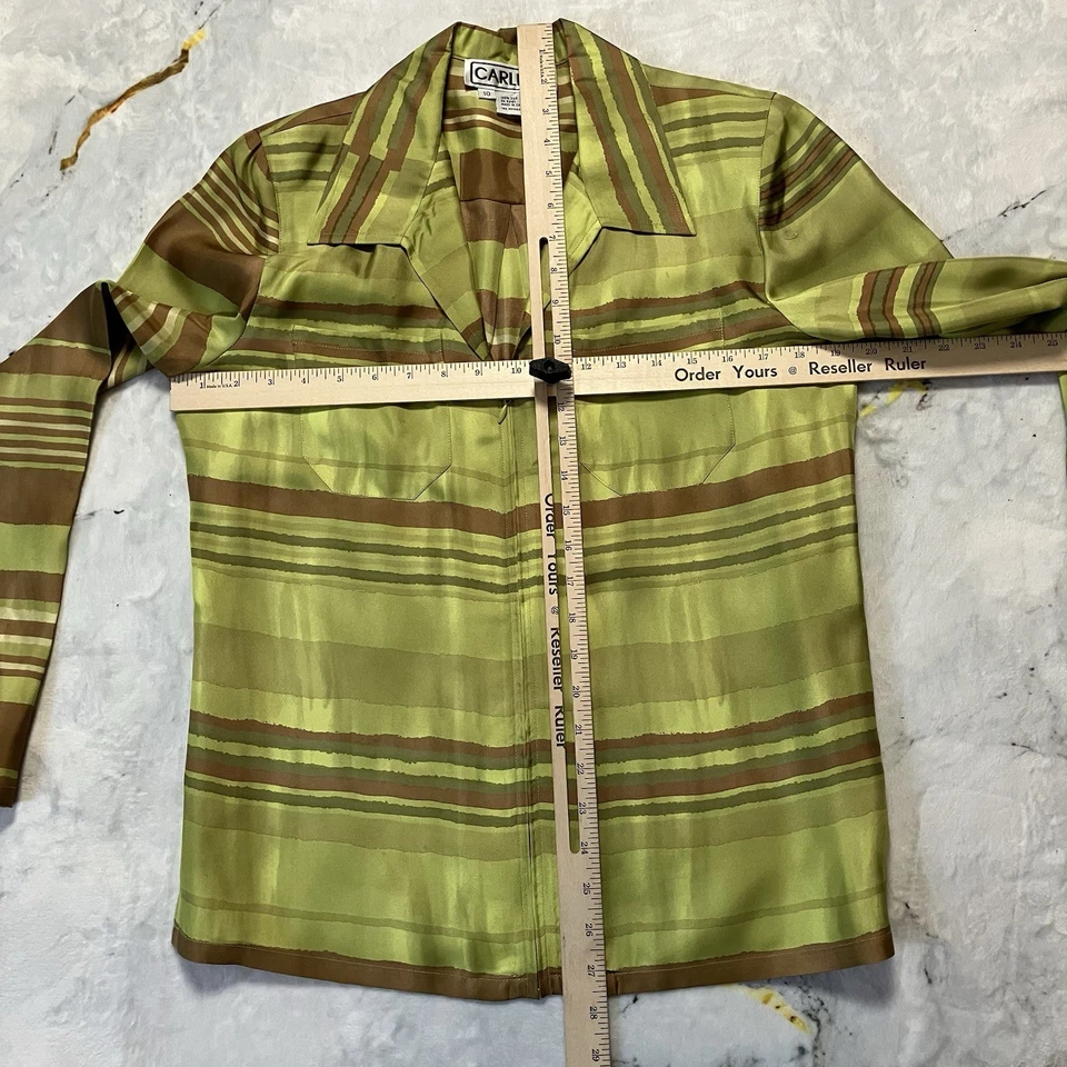 Carlisle Silk Jacket Womens Size 10 Green Brown Strip Collared Shoulder Pads Vtg - Image 2 of 4