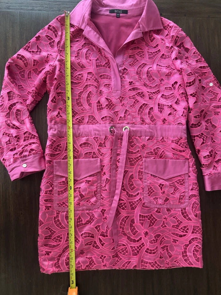 Женское кружевное платье Badgley Mischka Guipur 12 с розовой заколкой рукав деловое повседневное - Изображение 4 из 4