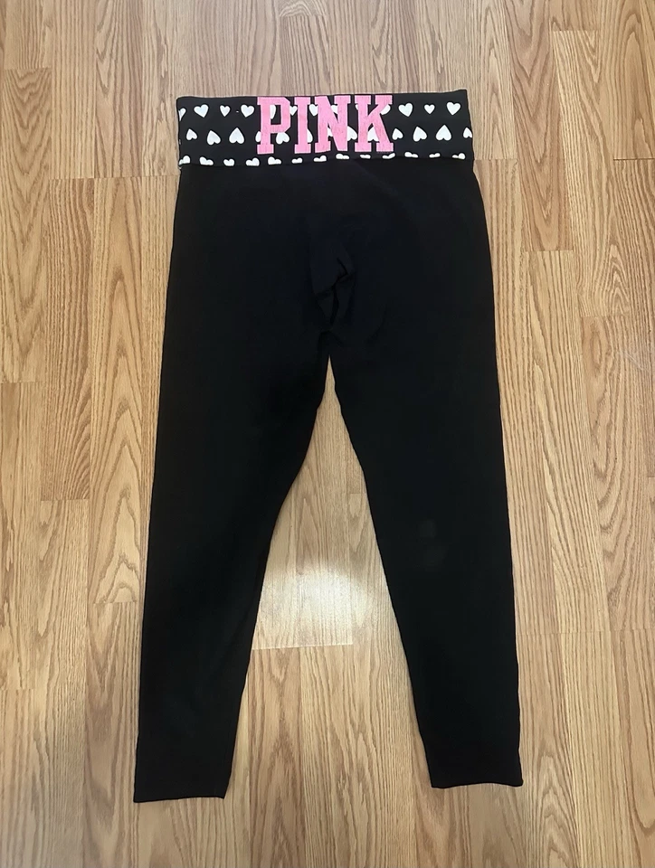 Victoria’s Secret Pink Vintage Black Foldover Waist White Hearts Leggings L - Image 2 of 4