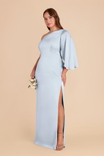 Birdy Grey Christine One-Shoulder Dress Matte Satin Mist Blue Size 0X 16 NWT