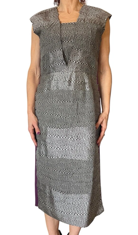 PORTS 1961 女式 8 鞋连衣裙迷笛袖子面板丝绸灰色紫色印花 — 第 4/4 张图片