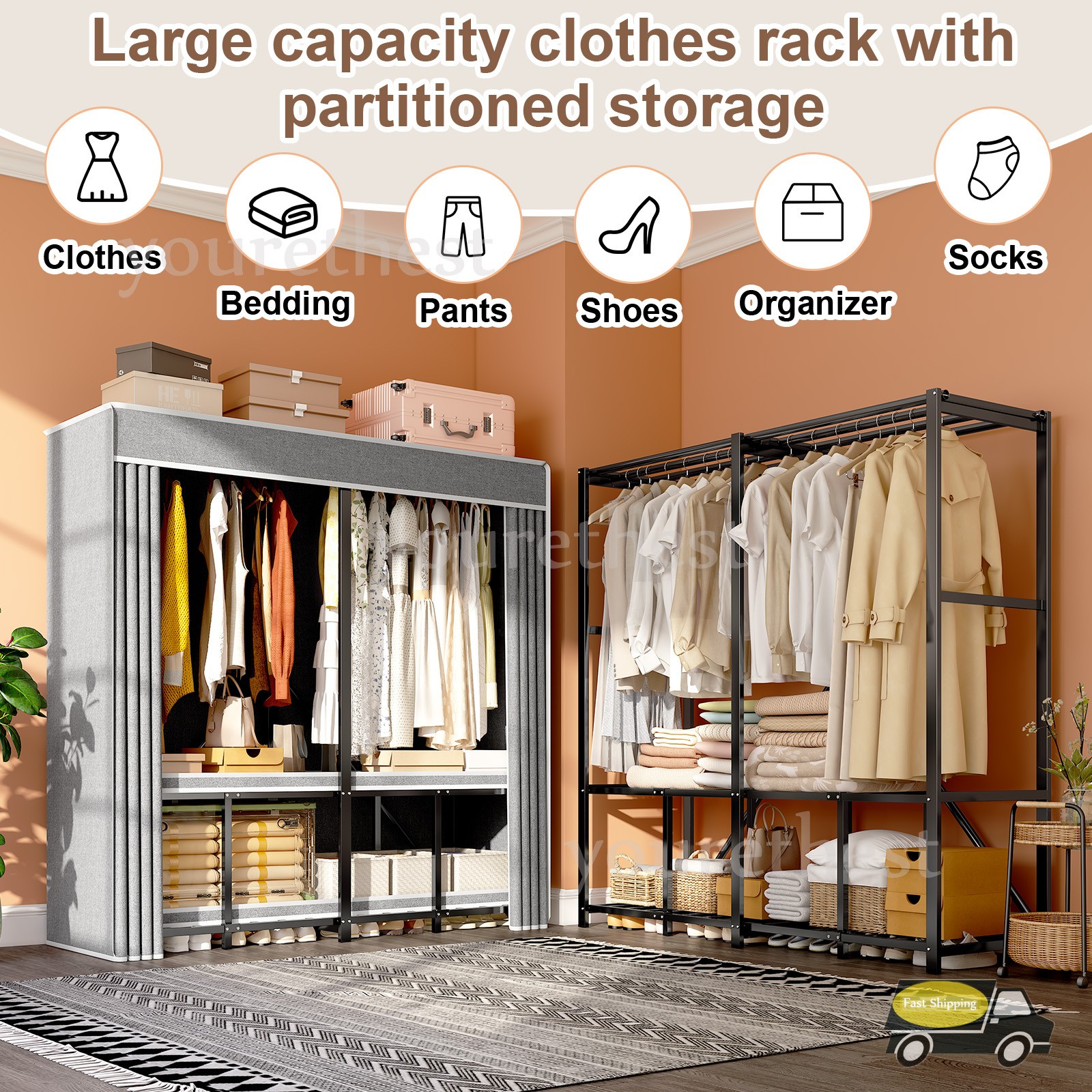 66" Assembled Wardrobe Closet Portable Closet System w/Cover Heavy Duty 3000 Lbs