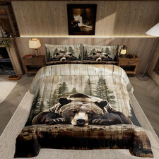 Grizzly Bear Comforter Set Queen Size, Wild Animal Hunting Quilt Set with 2 Pill