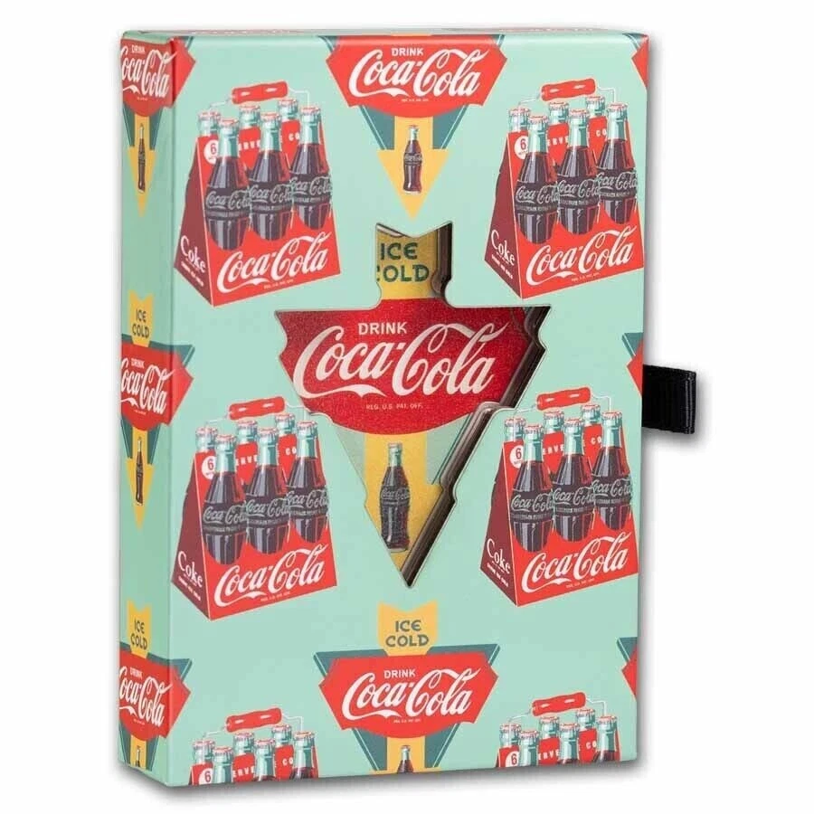 Letrero Coca-Cola® Vintage 1 oz color plata con forma de caja y certificado de autenticidad
