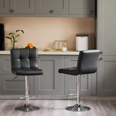 Black PU Leather Bar Stools (Set of 2) - Adjustable Swivel for Kitchen Bar Use