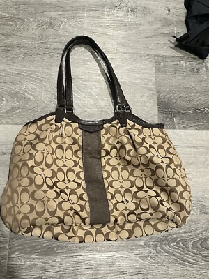 Coach F28503 Signature Stripe Devin Shoulder Tote Brown Bag Read