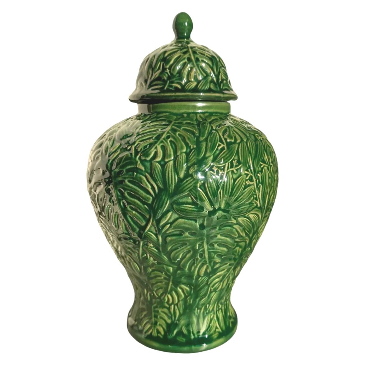 Large Urn Ginger Jar Green Monstera Leaves Greenery Fern Decor Tropical