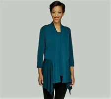 Susan Graver Size S Pacific Teal Liquid Knit Cascading Front Cardigan Tank Set