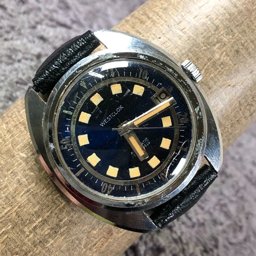 Vintage Westclox Men Dress Sunburst Date Black Leather Automatic 35mm Watch 6"