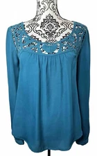 Anthropologie EAM Embroidered Floral Fairy Blue Blouse Med Boho Gypsy