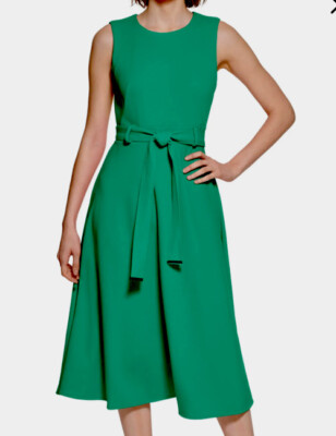 CALVIN KLEIN S/LESS FIT&FLARE, BELTED MIDI DRESS