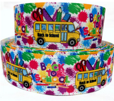 GROSGRAIN RIBBON 5/8", 7/8", 1.5", 3" Back to School Bus Crayons Printed