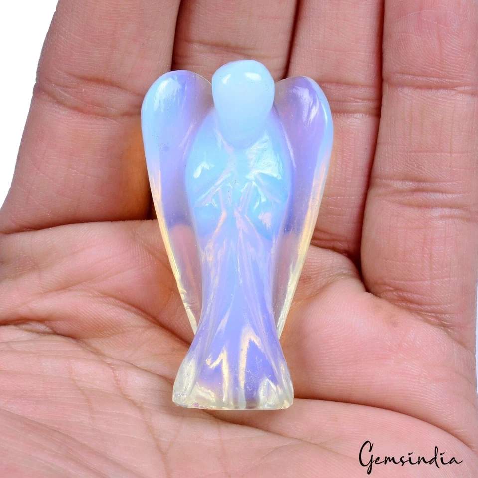 110 Ct/1.9inch Hydro Lab-Created Blue Shine Opal Carved Mini Angel Pocket Statue - Image 3 of 4