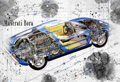 Line Tech Zeichnung Maserati Bora Cutaway Kunst Poster Druck