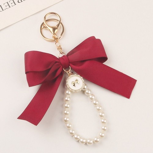 Sweet Ribbon Bow Key Chain Ins Pearl Strap Key Ring Women - Imagen 9 de 16