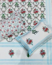 Indian Hand Block Flower Print Bed Sheet Queen Size Cotton Bedspread Bedding Set
