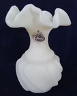 Vintage Fenton Custard Beige Satin Vase. Ruffle Top. Ribbed Swirl Body. 5 1/4"