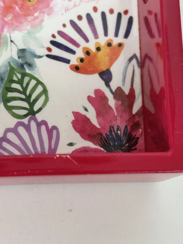 Michel Design Works Wooden Serving Vanity Tray Bright Pink Florals Butterflies - Image 3 of 4