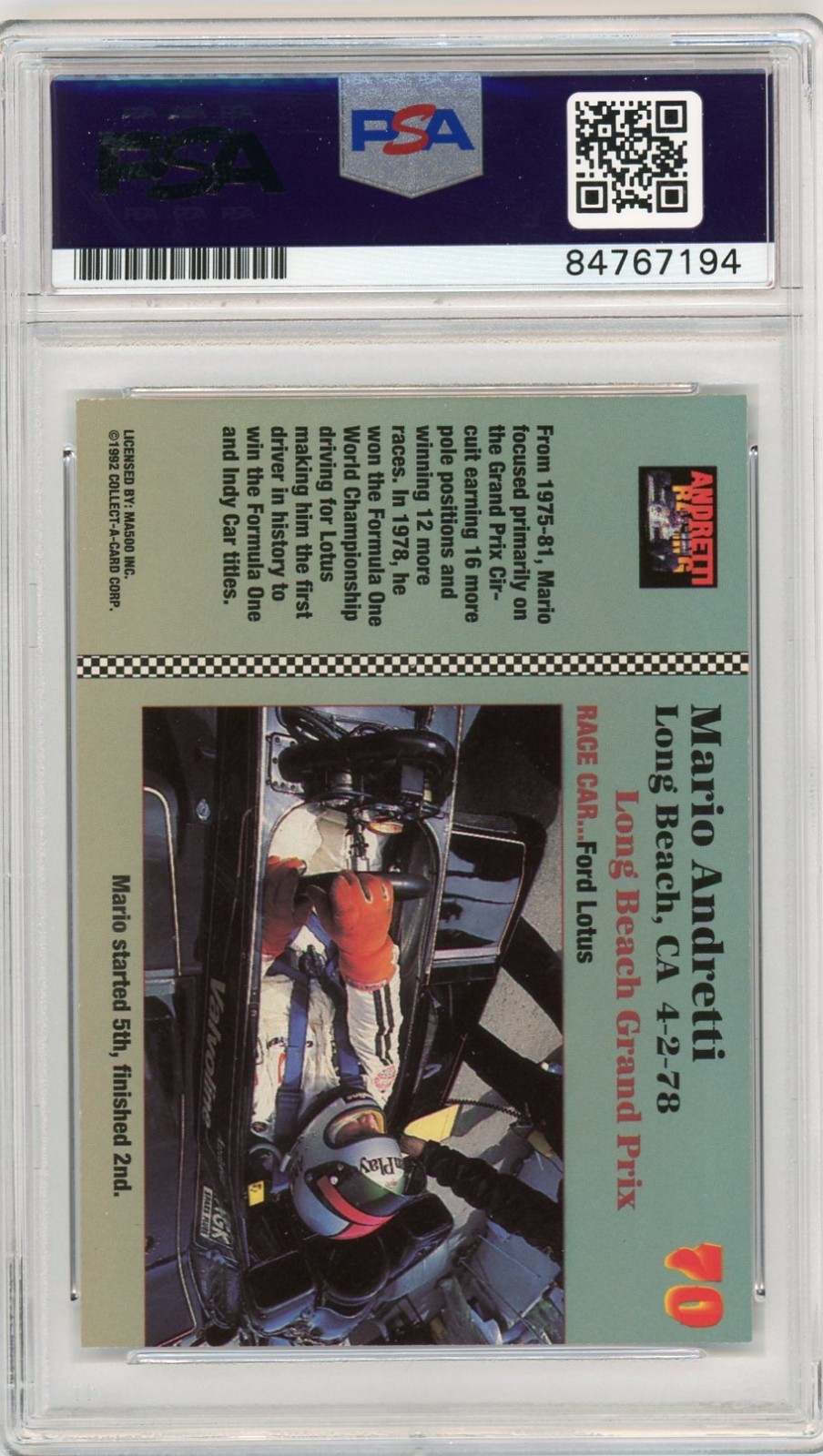 MARIO ANDRETTI 1992 Andretti Racing #70 Signed AUTO Card PSA DNA Certified F1 view 2