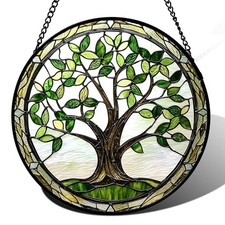 Stained Glass Window Hanging - Brown Tree Trunk Leaves Sun 6.3x6.3 IN Green