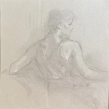 Drawing of seated woman in pastels by Miriam Slater 1989
