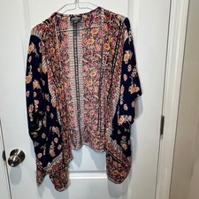 ANGIE Boho Paisley Floral Print Kimono Cardigan Navy Blue Orange L