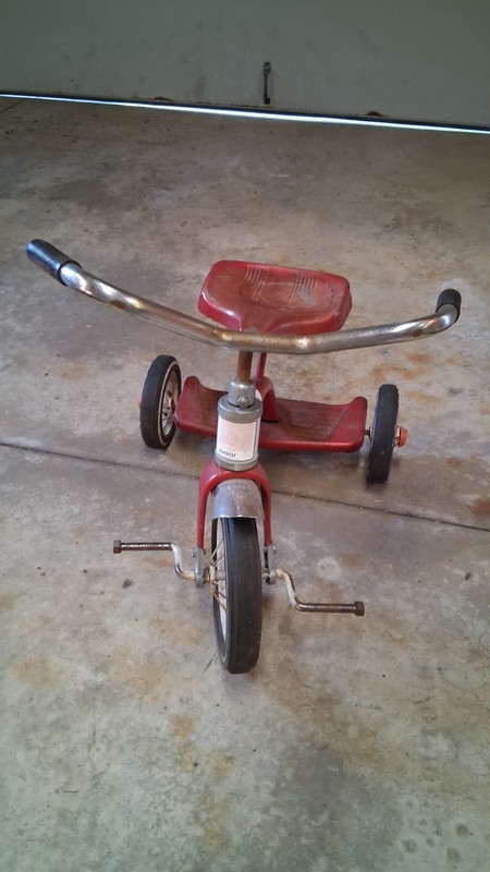 Vintage Red & White AMF Junior Children’s Tricycle, Spooked Wheels, Hard Tires.