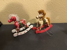 Vintage Wooden Rocking Horse Christmas Ornaments Set Of 2 Hand Painted Folk Art